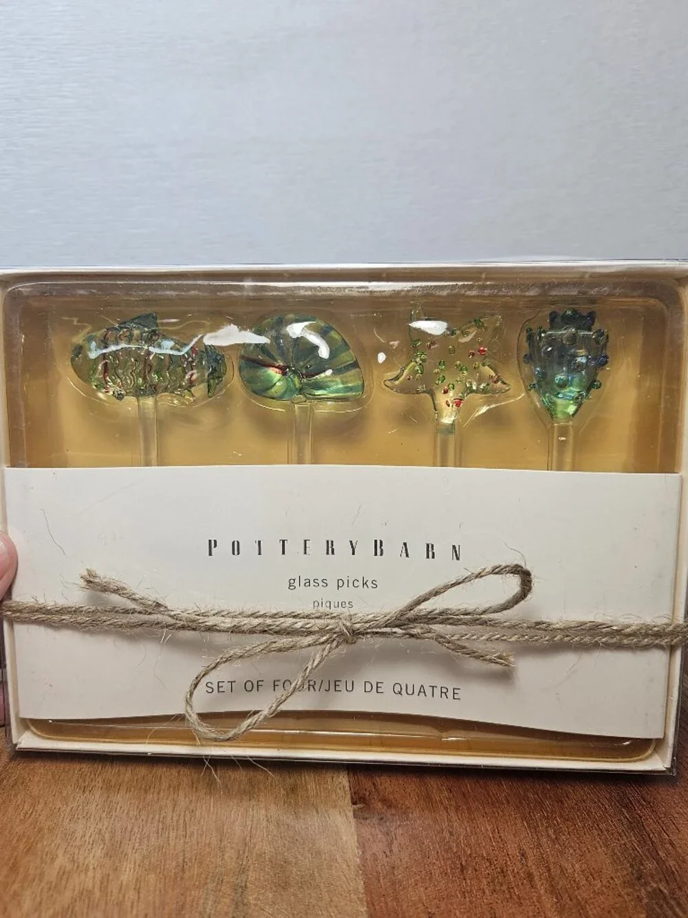 Pottery Barn Glass Sea Picks Set 4 Fish Seashells New in Box